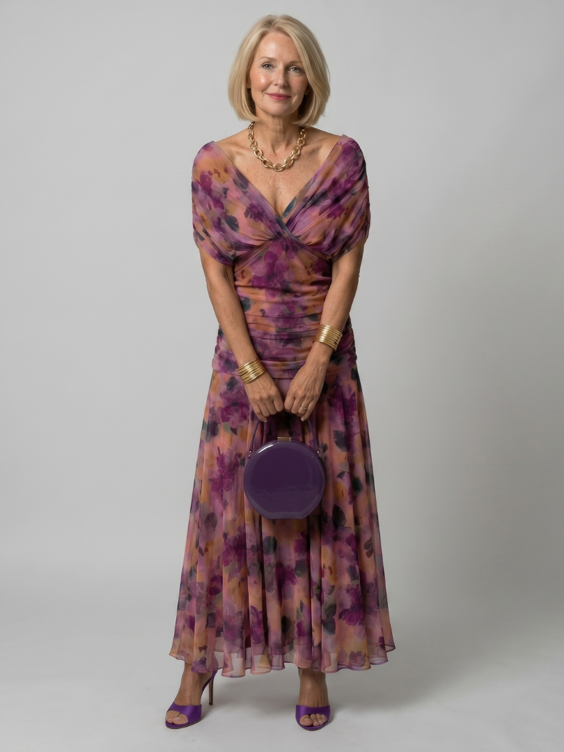 Women's off shoulder midi summer dress featuring a stylish draped neckline, perfect for warm weather outings and casual events. 1